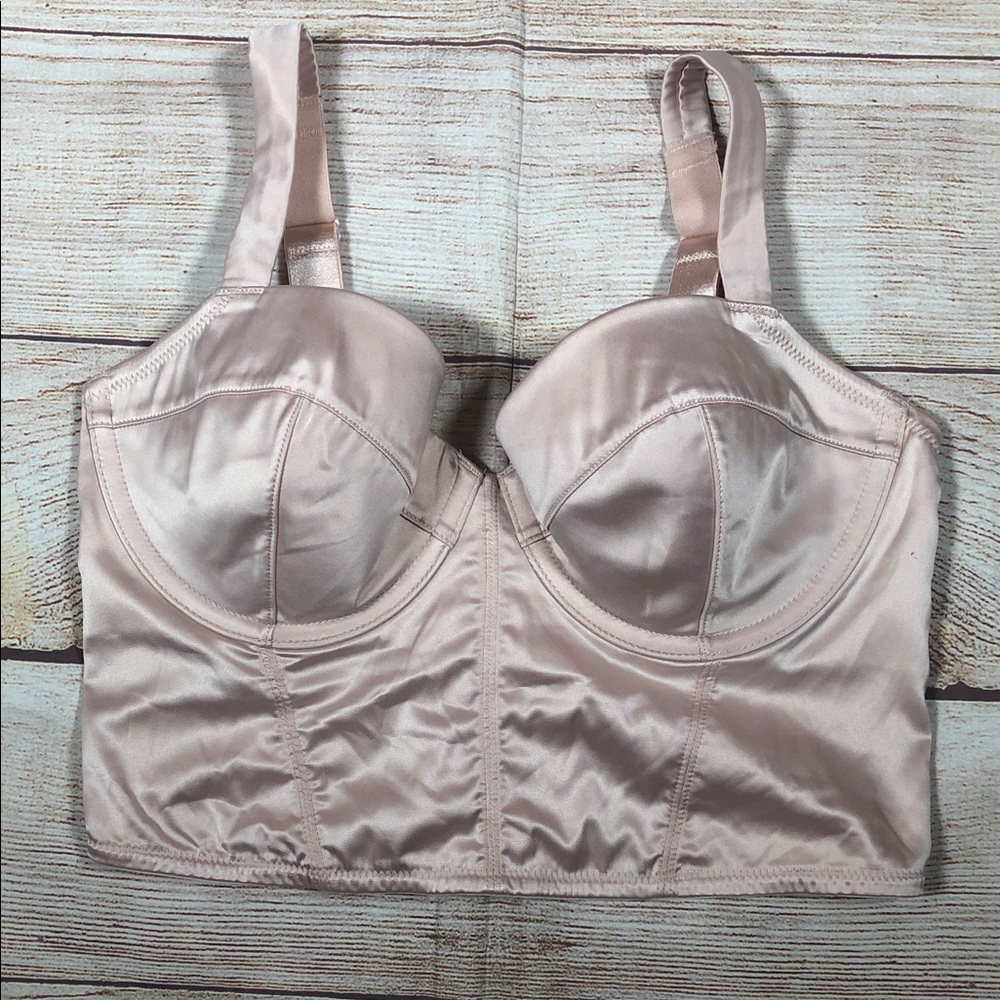 Longline Satin Bustier Bra Crop Top in Light Blush with Sheer Back